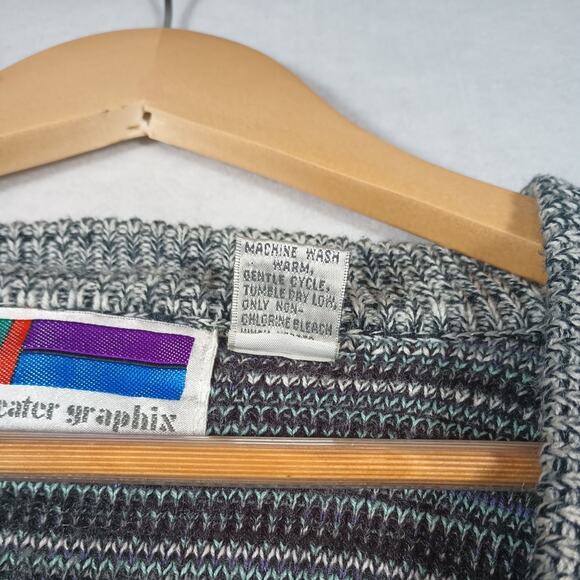 Vintage 80s Graphic Knit Deep V Cardigan Sweater, Large - Sweater Graphix - Picture 5 of 10